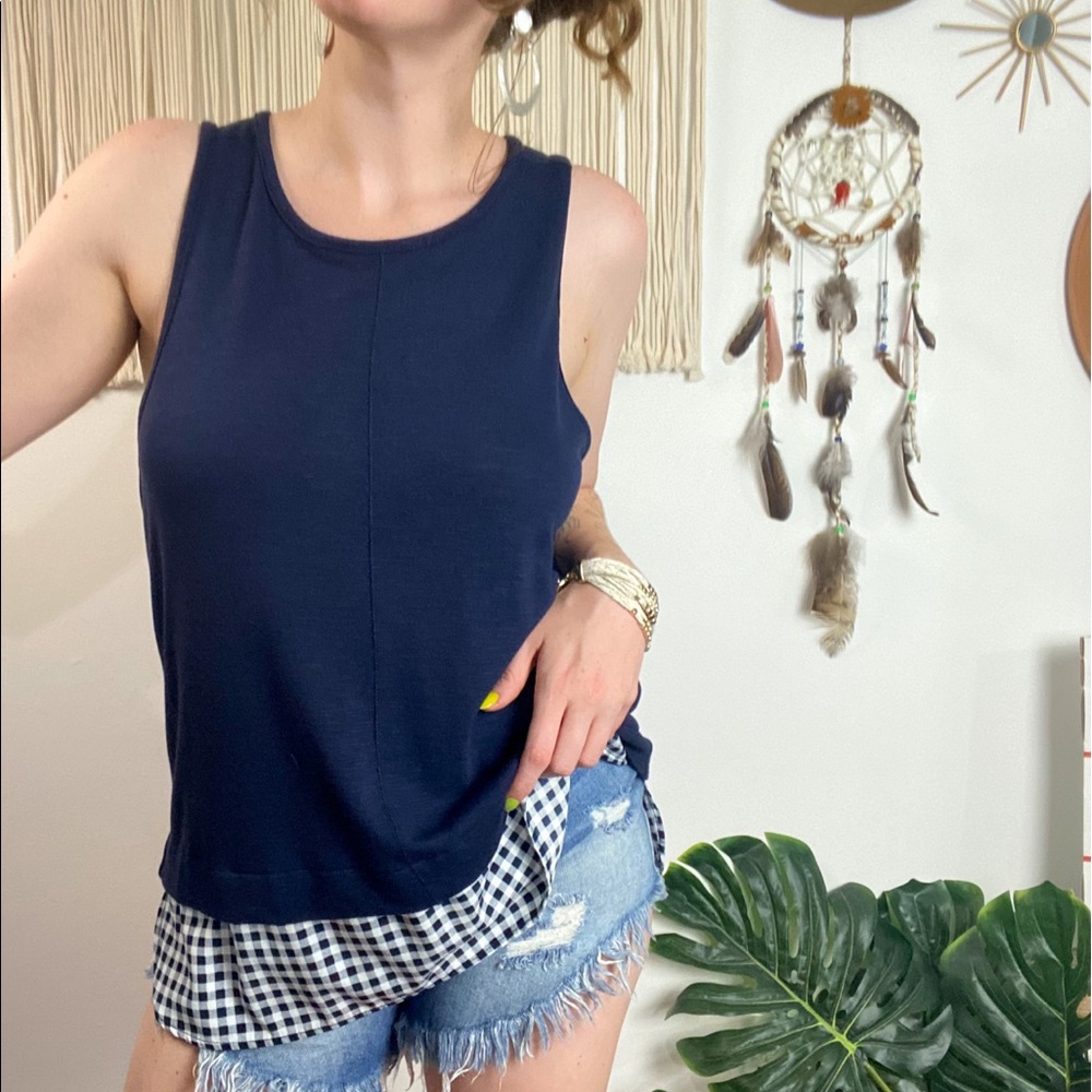 J Crew Navy Blue Gingham Print Hem Tank Top Size Large